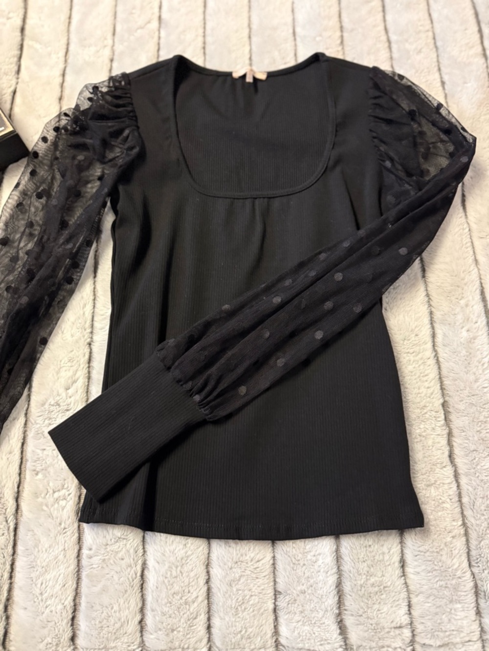 miami Black Sheer Polka Dot Puff Sleeve Top